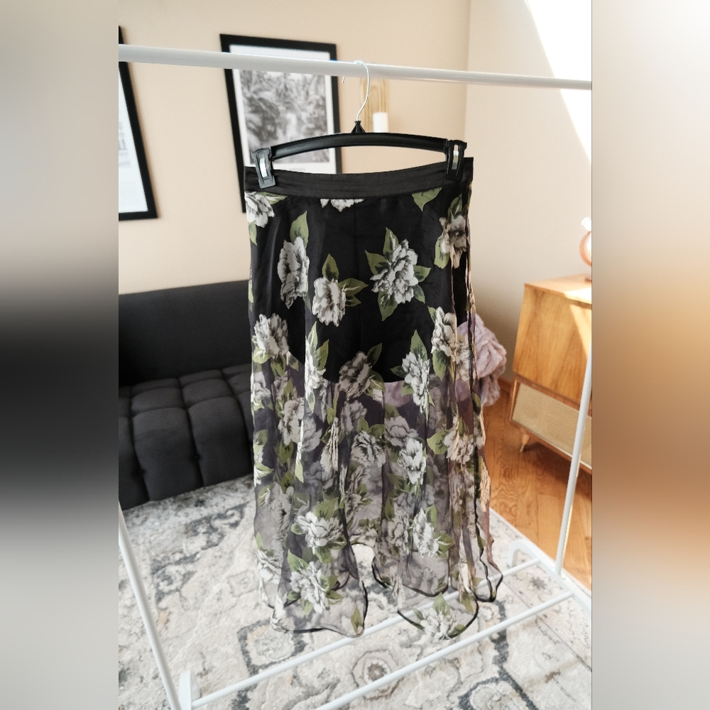 Sheer Black Floral Midi Skirt